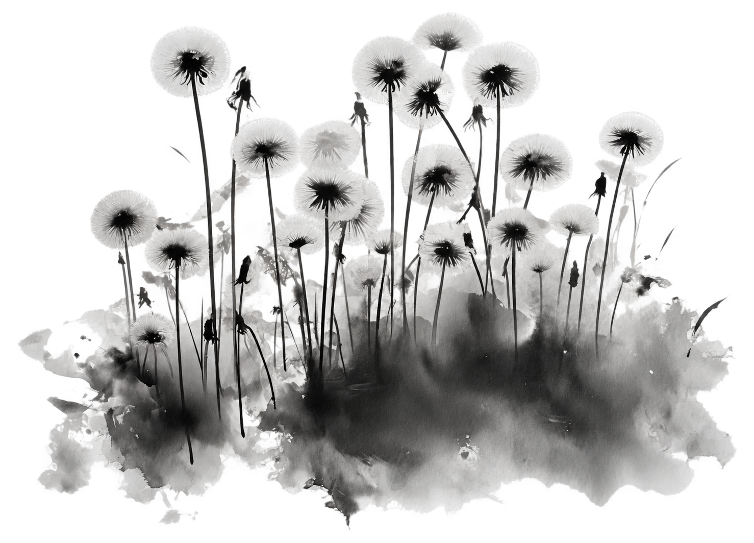 A group of dandelions rises on slender stems through soft grey ink washes, with a transparent background.
