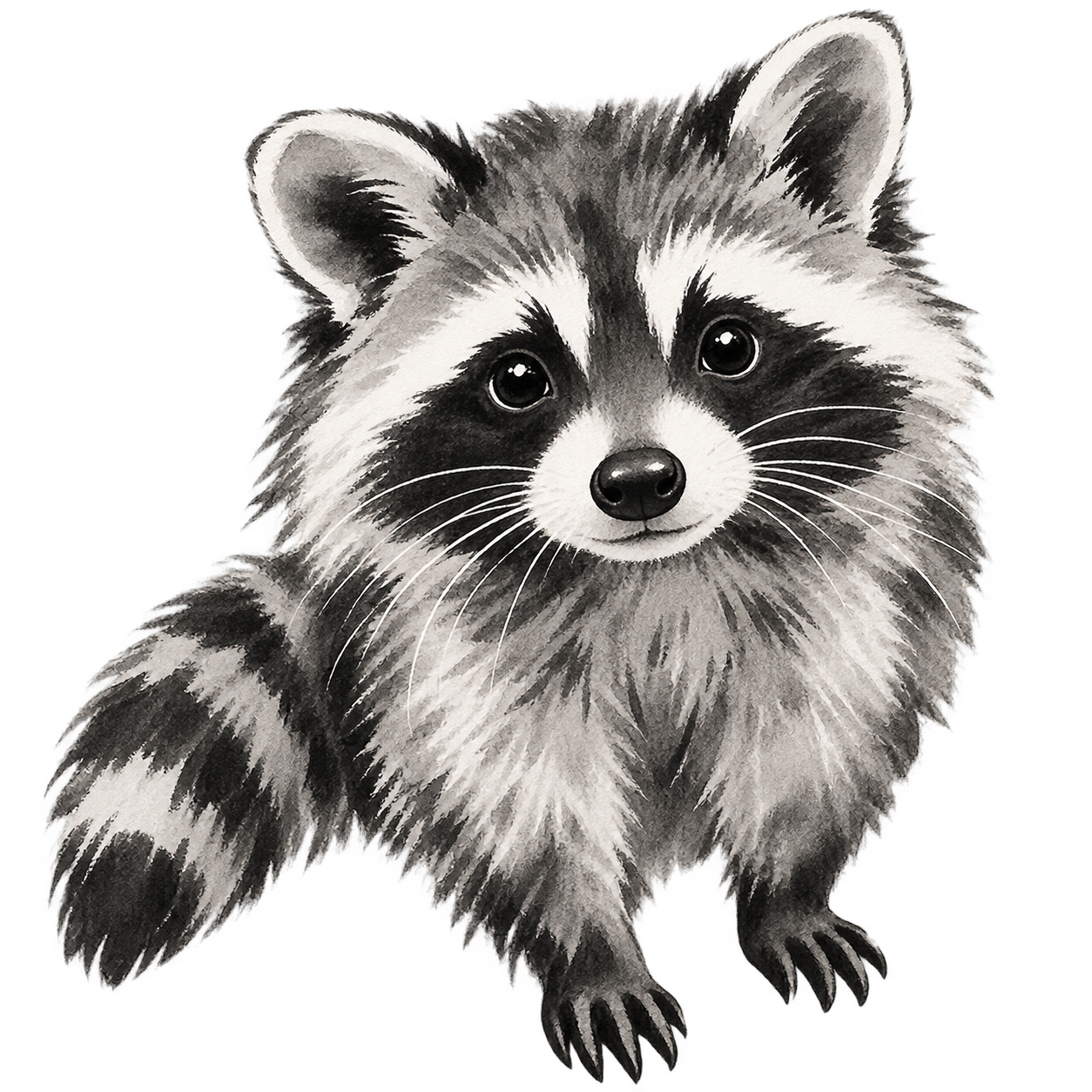 A curious raccoon facing the viewer, with a tilted head and striped tail, painted in black and grey ink.