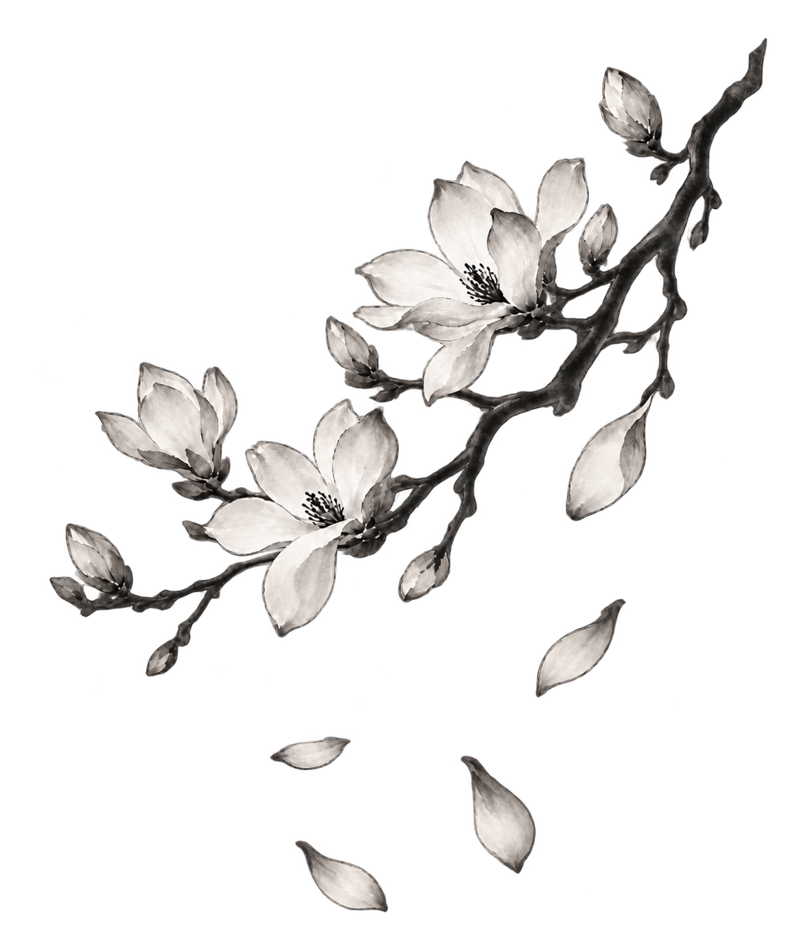 Magnolia blossoms on an inward-sweeping branch, with four loose petals scattered at varied angles below, painted in black and grey Chinese ink.