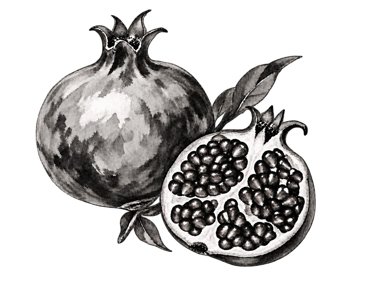 A whole pomegranate and an opened half revealing clustered seeds, with a few leaves, painted in black and grey ink.