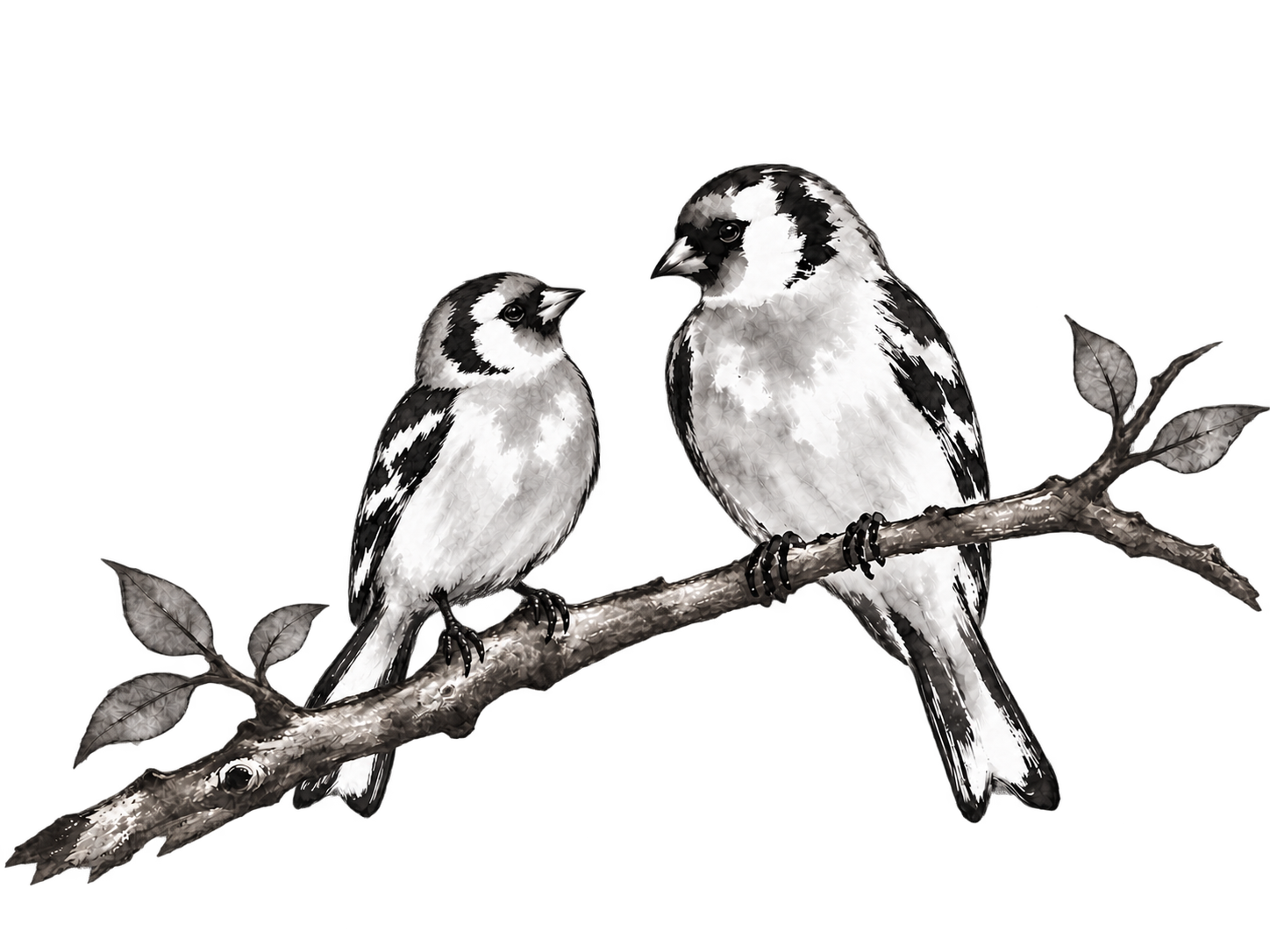 Two goldfinches of different sizes perch slightly apart on a woody branch, facing each other, in a black and grey ink painting.