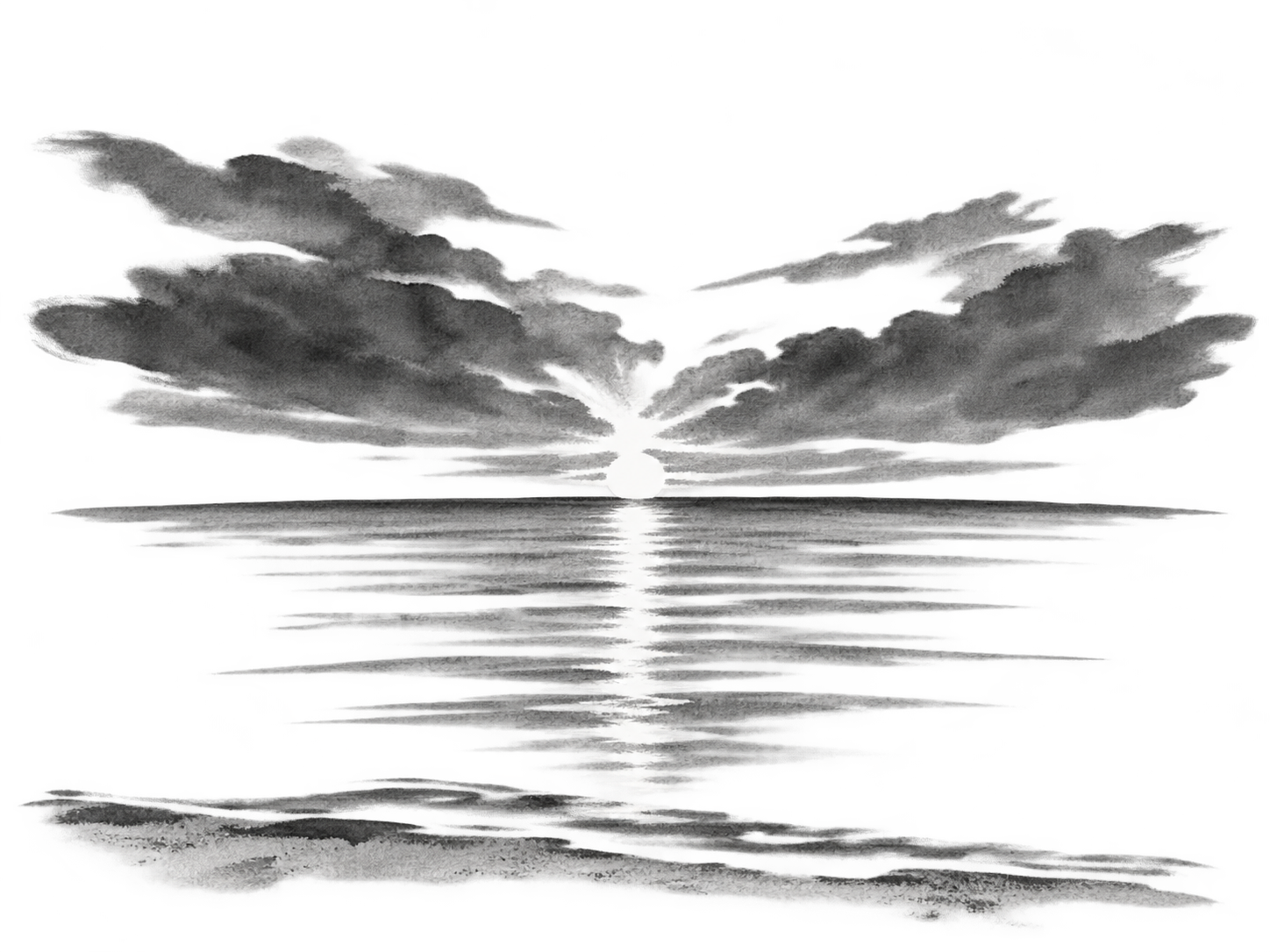 Sunlight breaks through layered clouds and reflects across a lake, painted in black and grey ink.