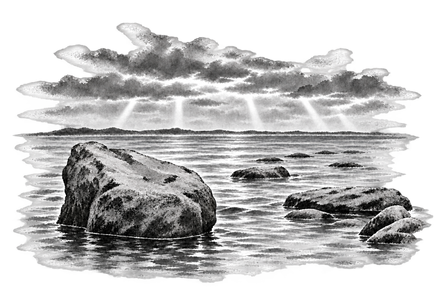 A solid weathered boulder and smaller rocks sit in gentle shallow waves beneath layered clouds and shafts of sunlight, painted in black-and-white ink wash with softly fading transparent edges.