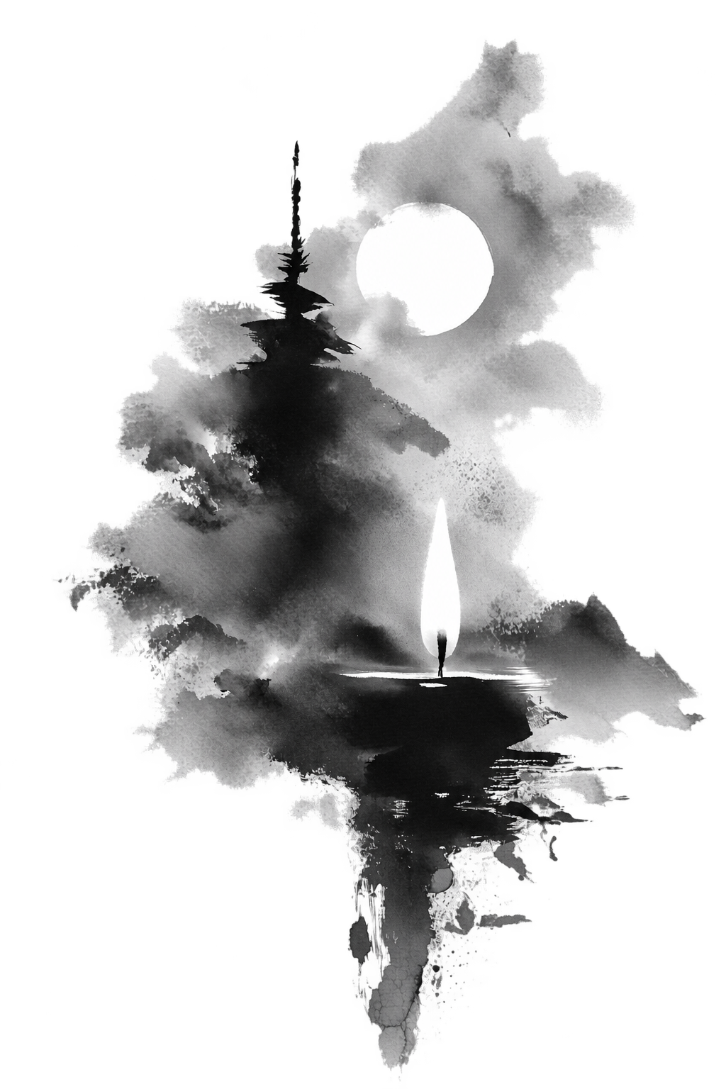 A candle flame beneath a full moon and dark tree silhouette in black-and-white ink wash.