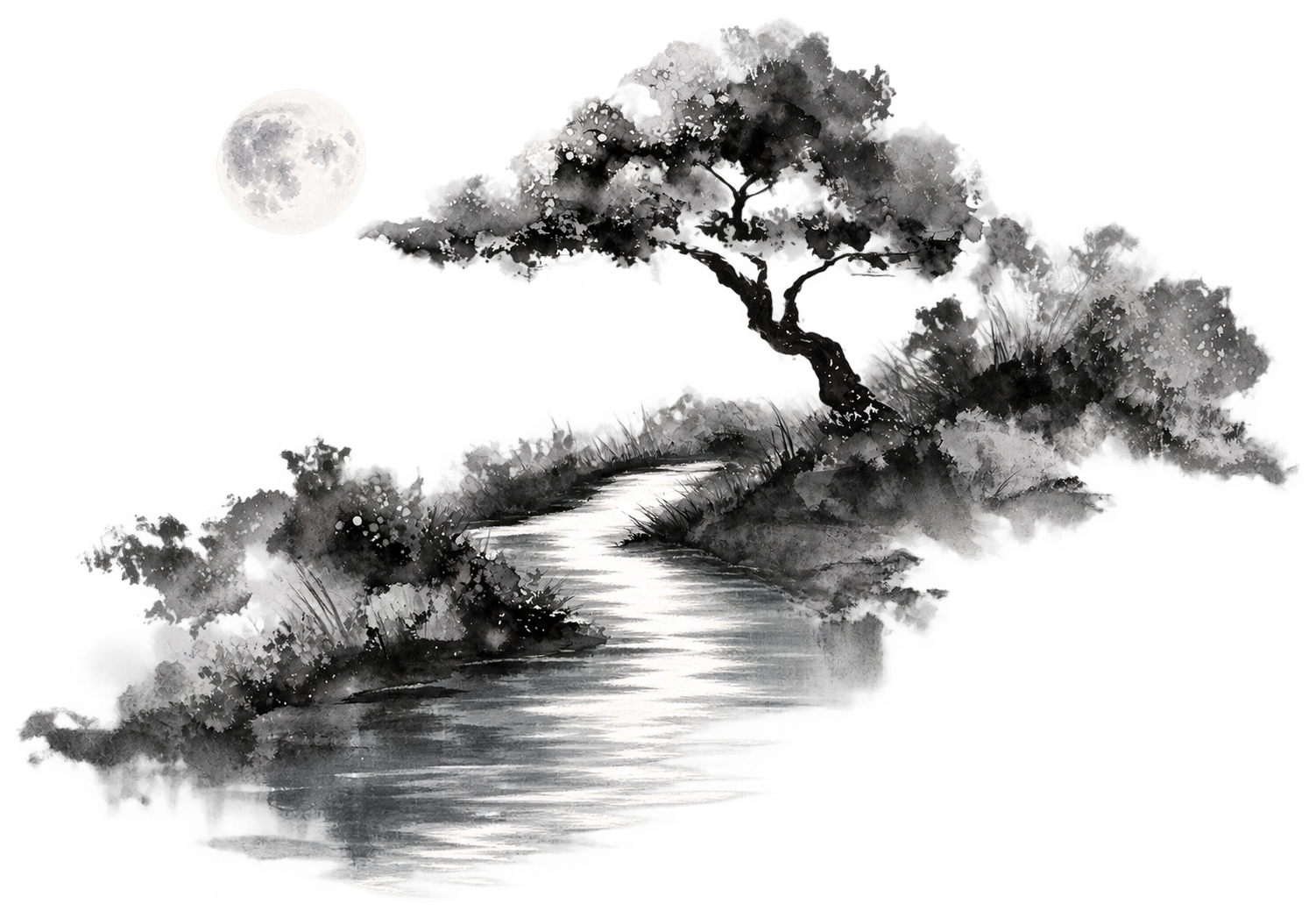 A full moon above a winding river beside a leafy tree, in black-and-white ink wash.