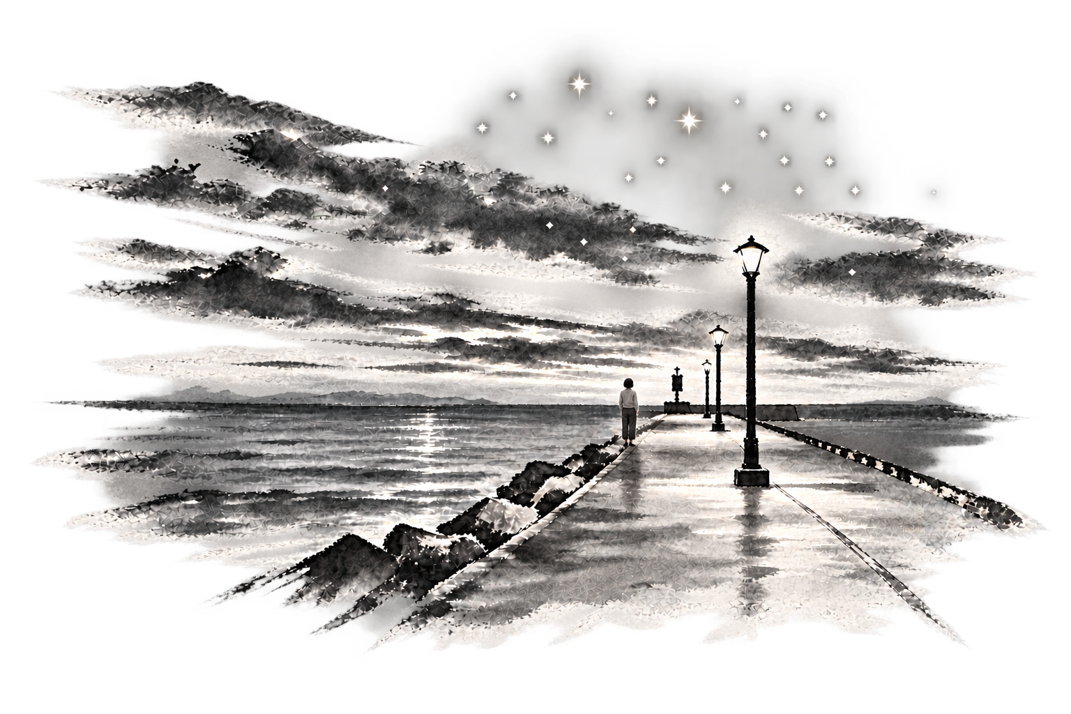 A woman stands near the far end of a lamplit pier, looking across still water beneath clouds and stars, in a softly edged ink-wash illustration with a transparent background.
