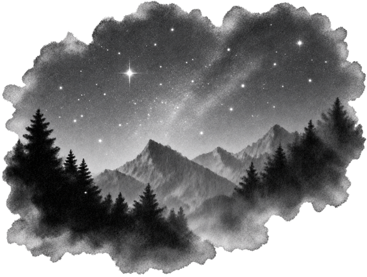 Bright stars above a quiet mountain valley and pine trees, painted in monochrome charcoal and ink.