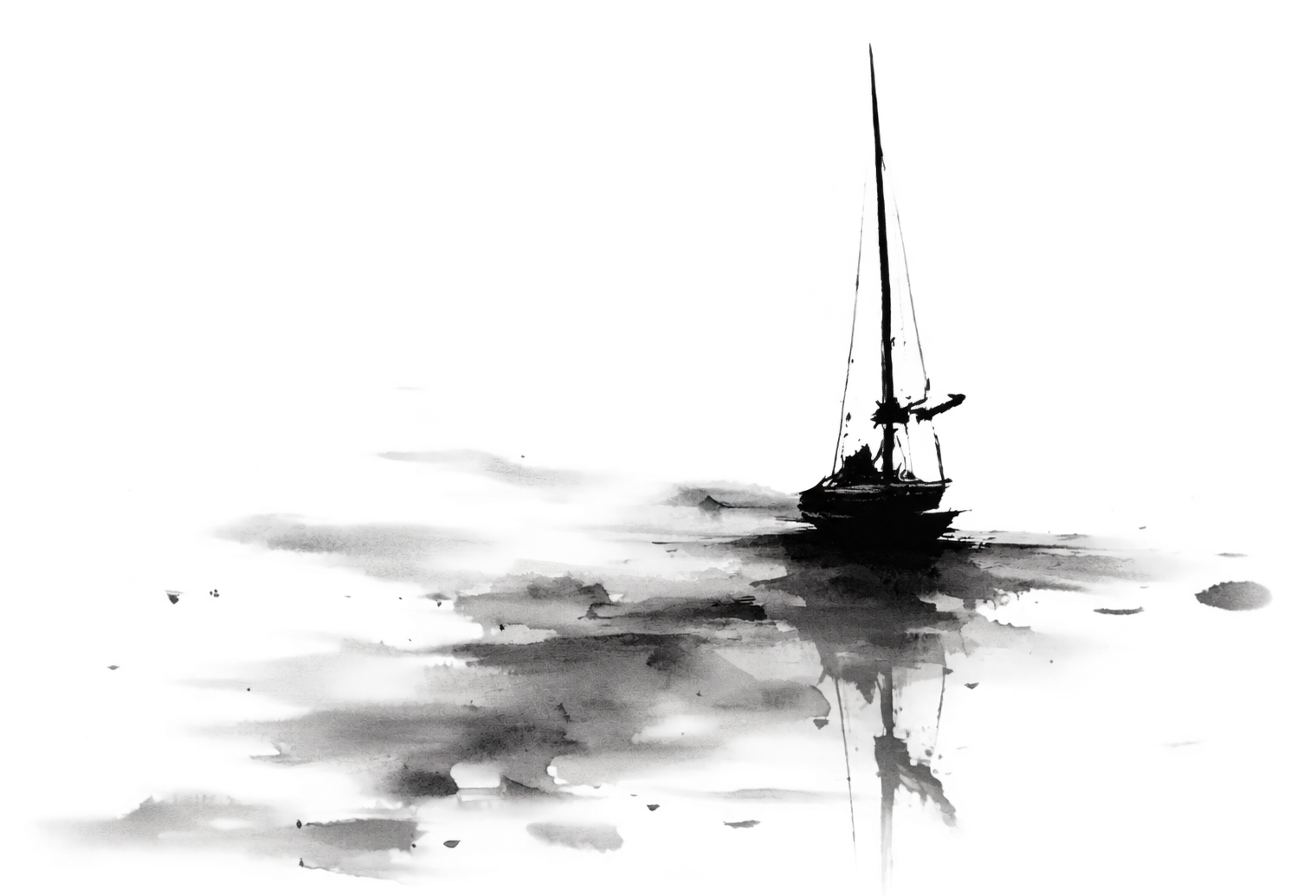 A solitary sailboat and its reflection rendered in black and grey ink wash.