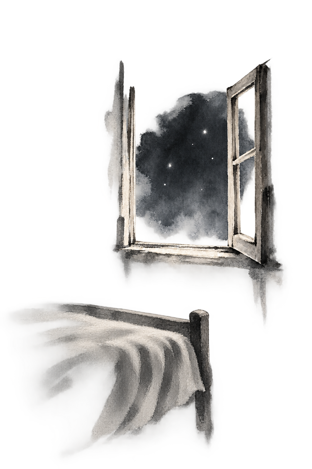 The end of an empty bed sits beside an open window overlooking trees and distant stars, painted in soft ink wash with transparent edges.