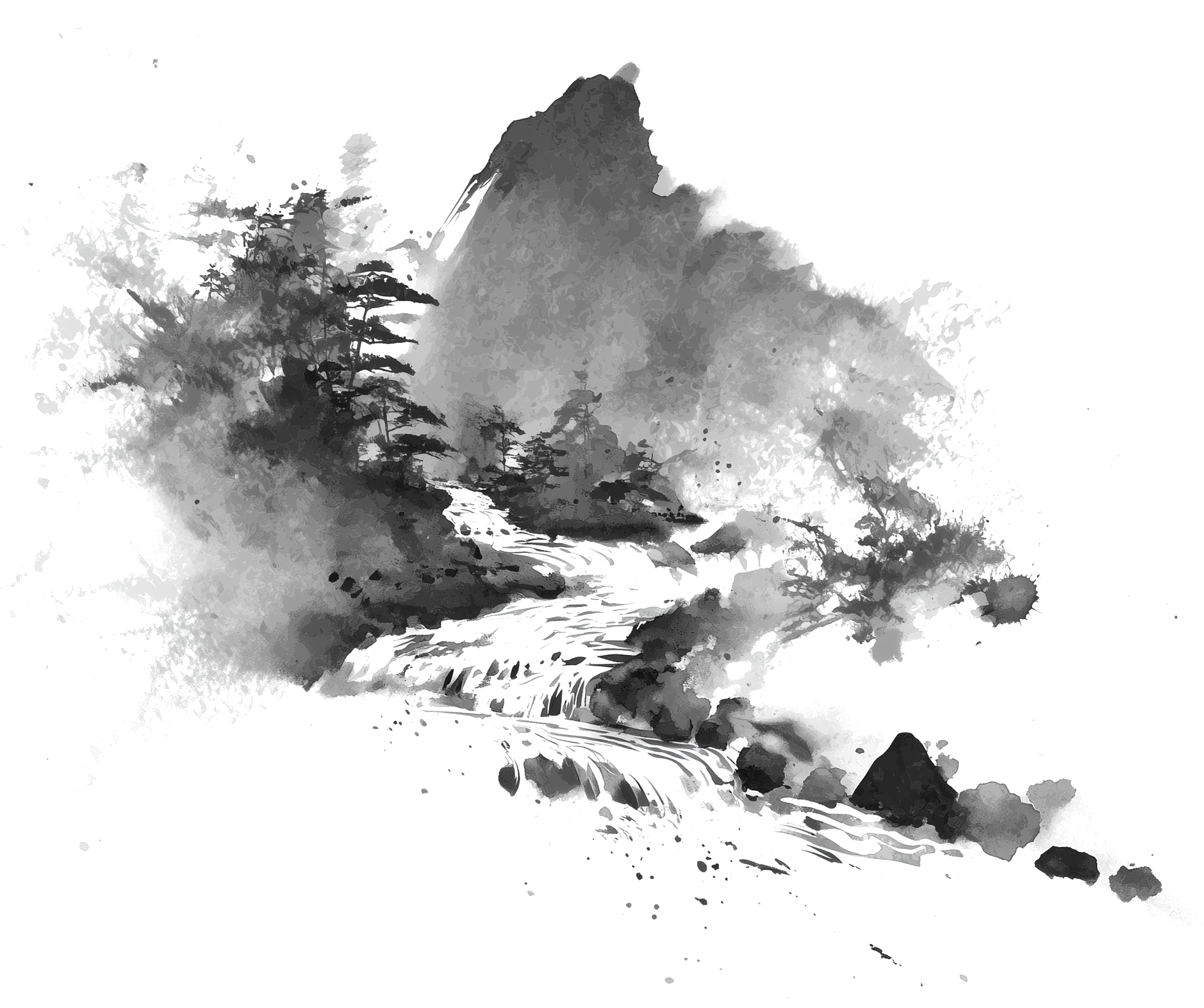 Ink landscape of a river flowing through forested mountains