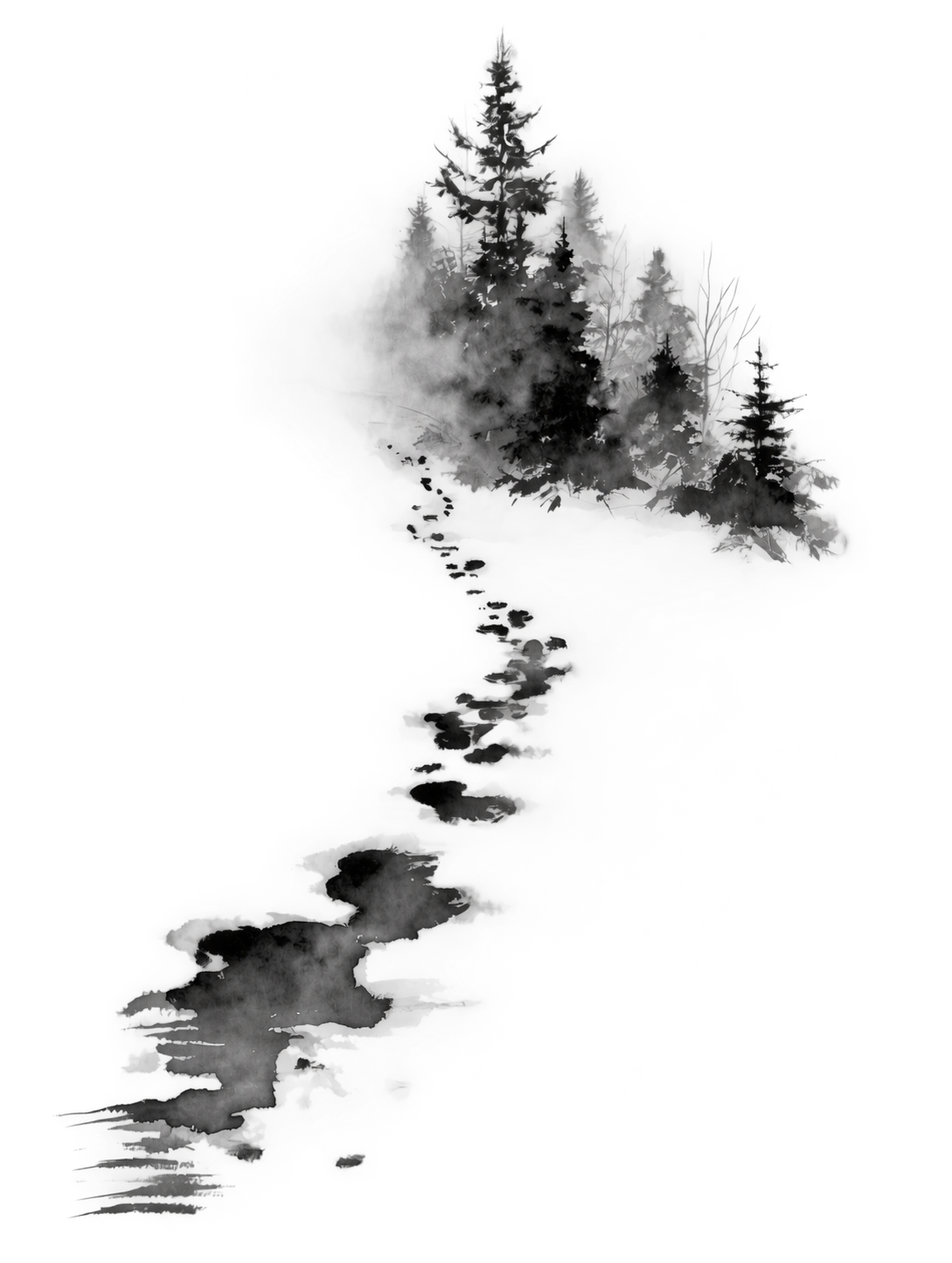 Ink painting of a single trail of footprints disappearing into mist beneath conifer trees.