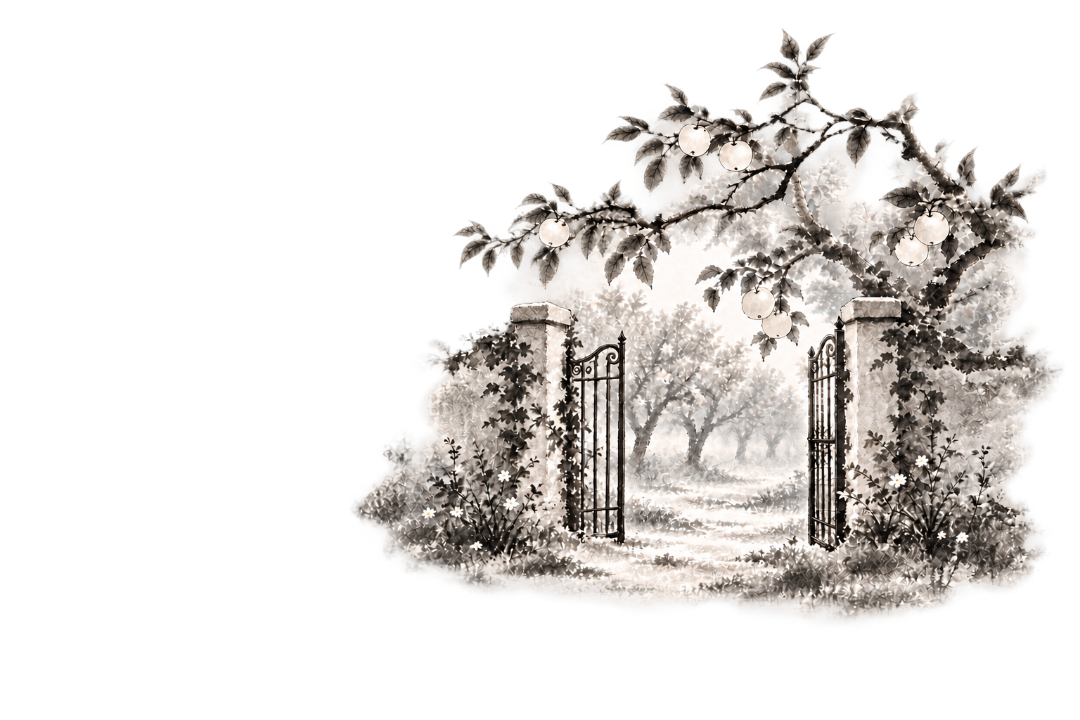 An open wrought-iron gate between stone pillars leads into a quiet orchard, with apple-laden branches overhead and delicate flowers, painted in softly edged ink wash on a transparent background.