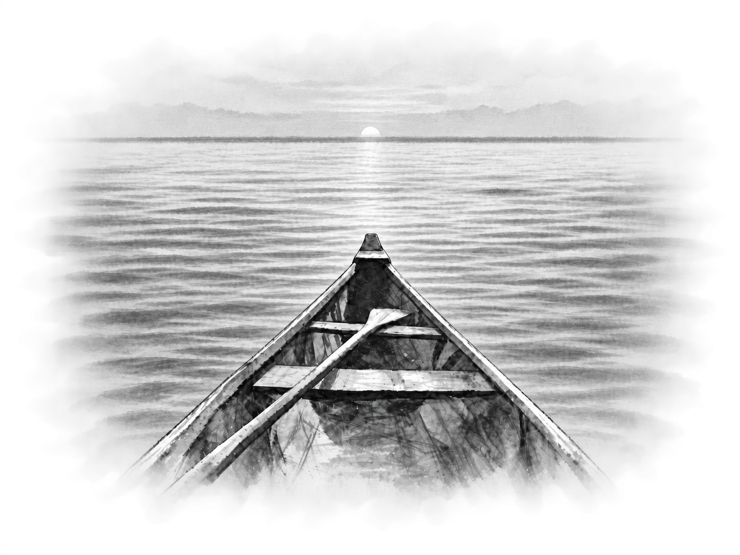 A weathered canoe resting on calm open water beneath a faint black-and-white sunset on the horizon, in a softly dissolving ink-wash style.
