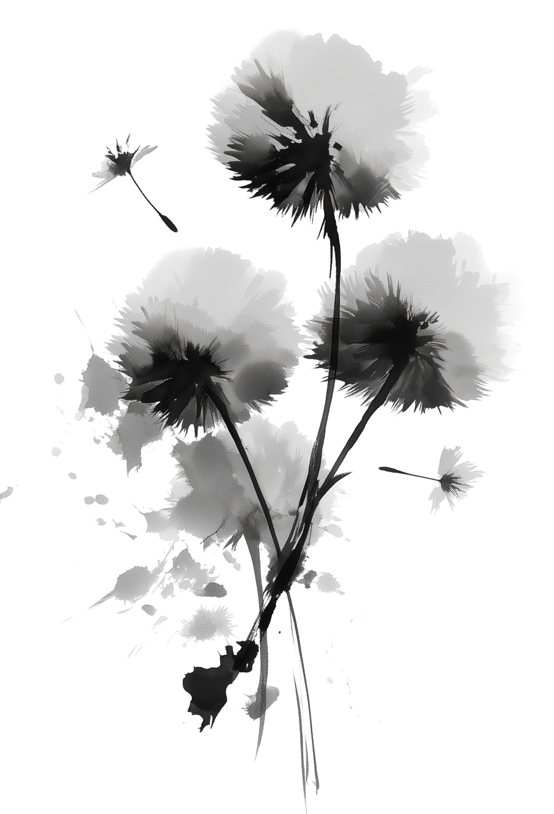 Monochrome ink painting of peony blossoms on slender stems.