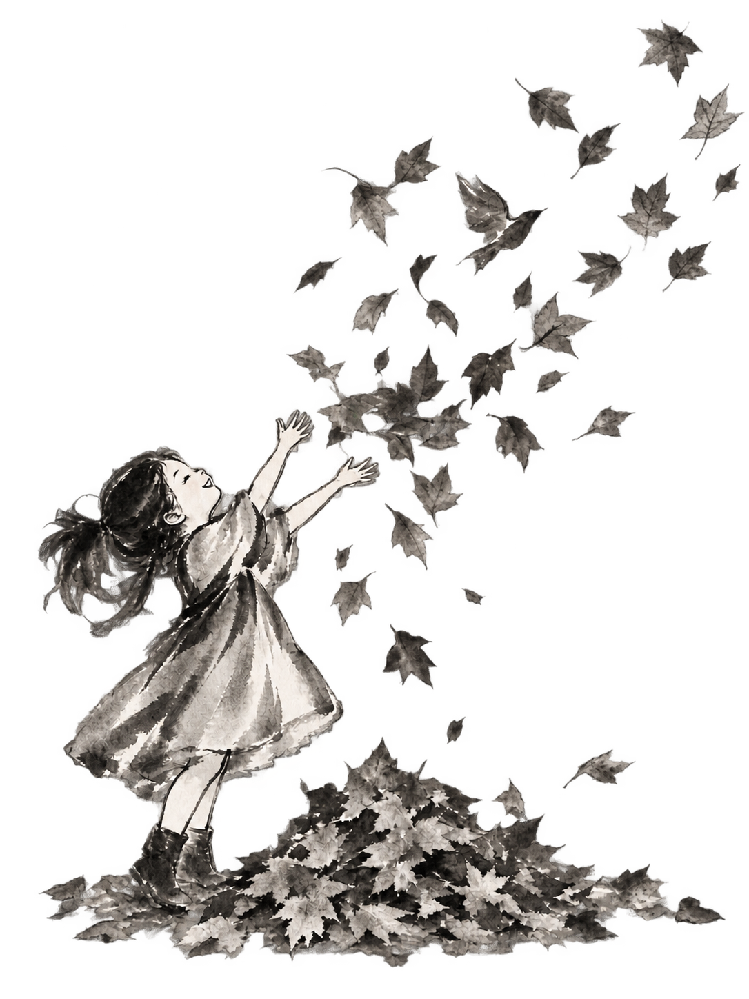 A girl tossing a heap of autumn leaves into the air, illustrated in ink wash.